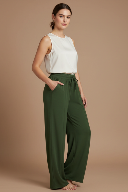Pantalon Japonais Vert Ample Fluide Décontracté - Viscose