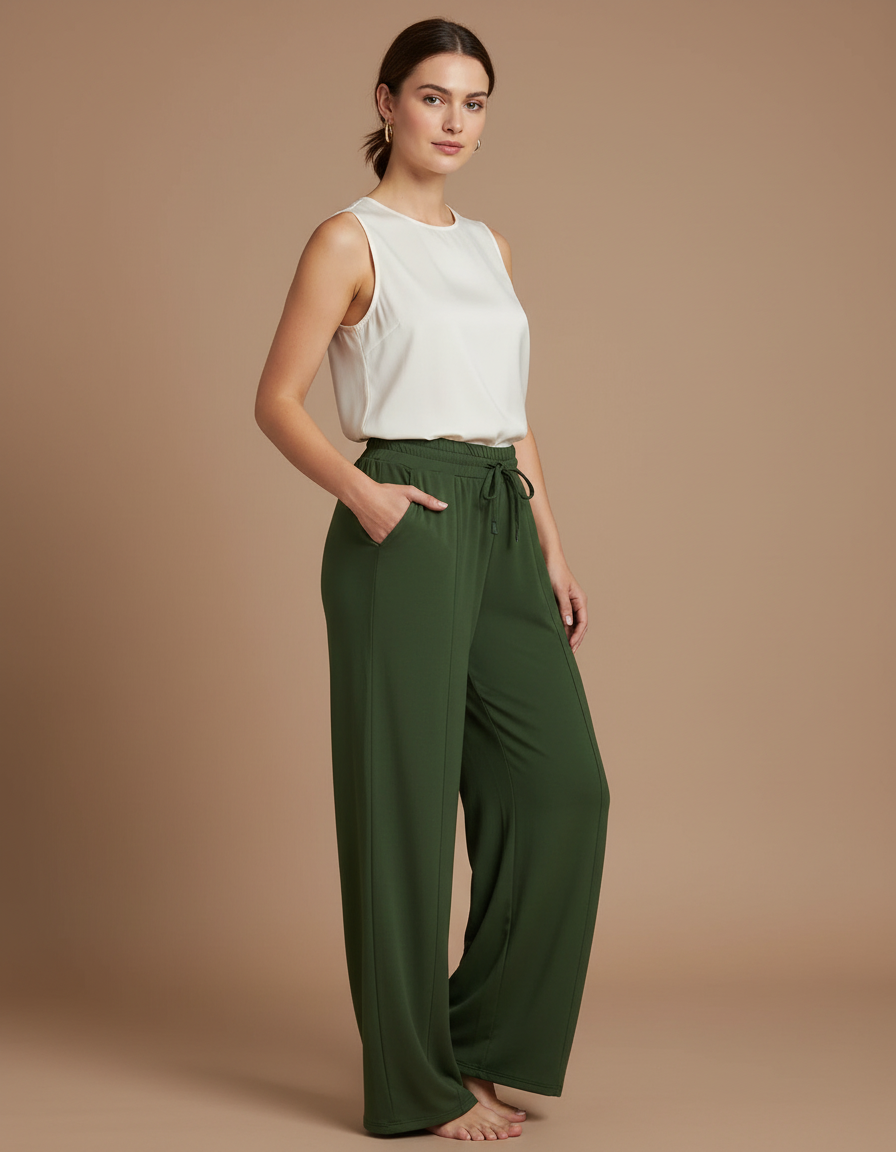 Pantalon Japonais Vert Ample Fluide Décontracté - Viscose