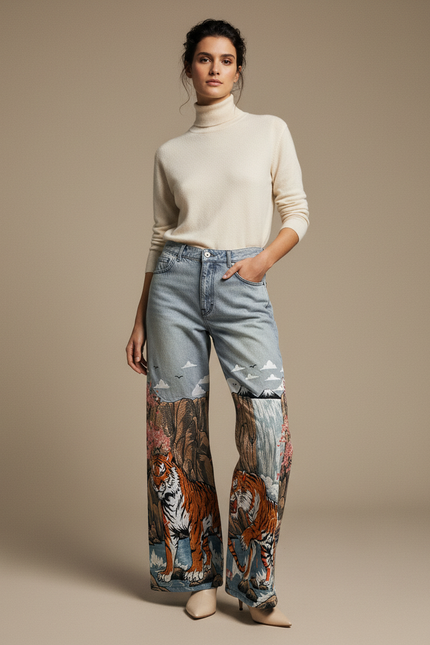 Pantalon Japonais Denim Tigre Imprimé Large Vintage - Jean