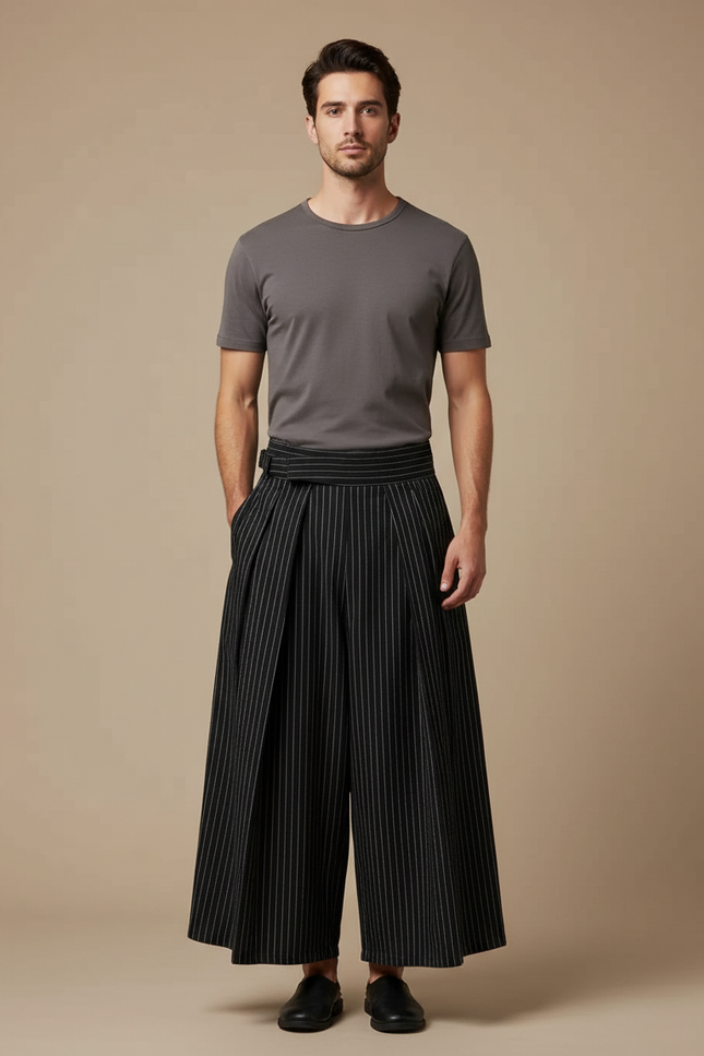 Pantalon Japonais Noir Rayé Plissé Ample Ceinturé Homme - Polyester