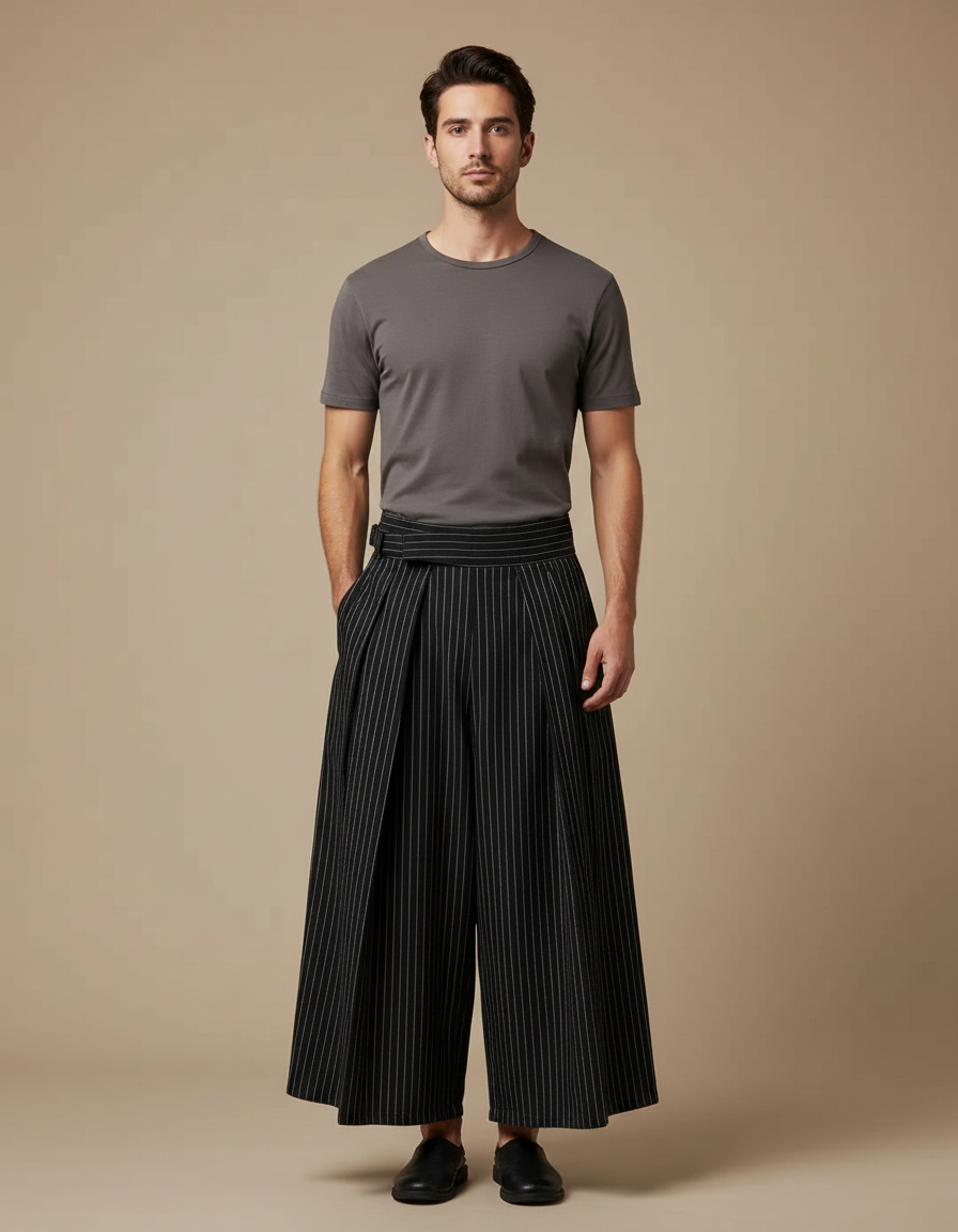 Pantalon Japonais Noir Rayé Plissé Ample Ceinturé Homme - Polyester