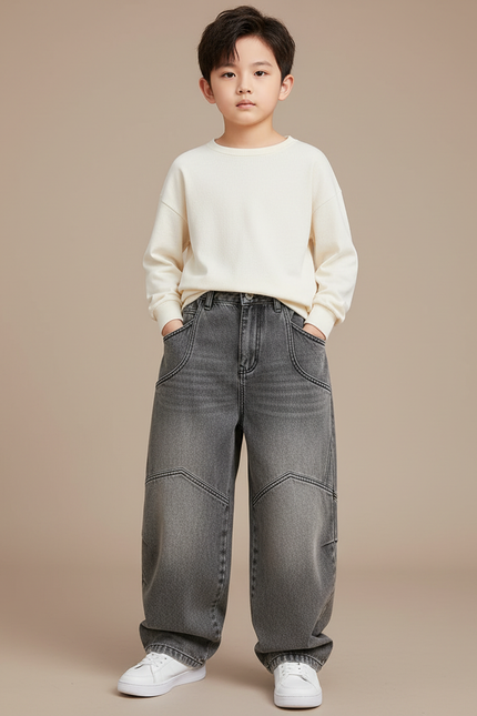 Pantalon Japonais Gris Ample Denim Garçon Décontracté - Jean