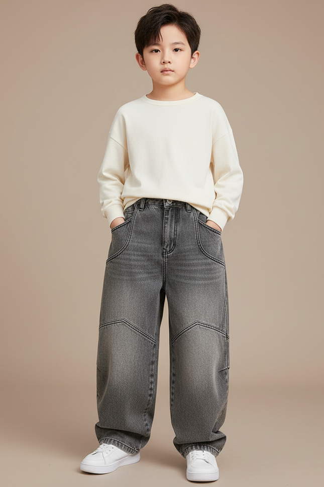 Pantalon Japonais Gris Ample Denim Garçon Décontracté - Jean