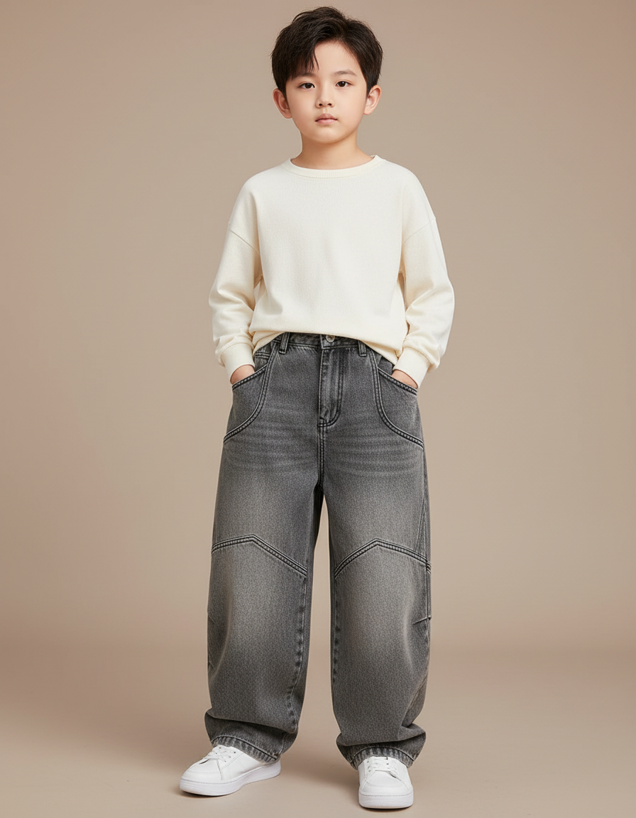 Pantalon Japonais Gris Ample Denim Garçon Décontracté - Jean