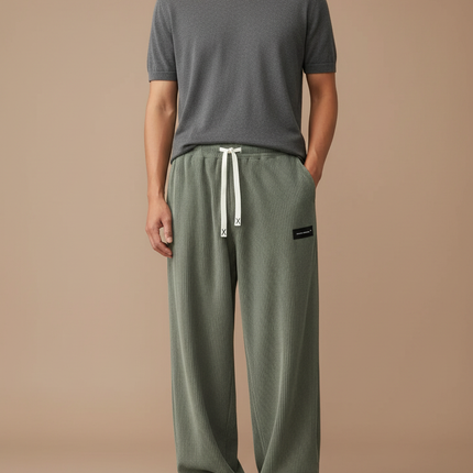 Pantalon Japonais Vert Côtelé Ample Cordon Décontracté - Kaki Cordé