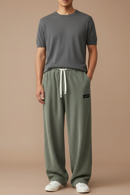Pantalon Japonais Vert Côtelé Ample Cordon Décontracté - Kaki Cordé