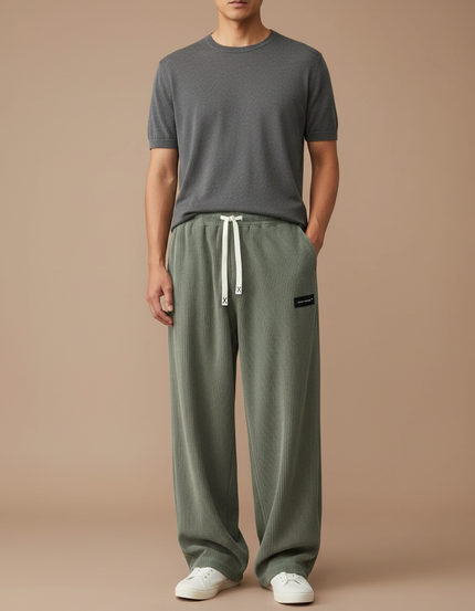 Pantalon Japonais Vert Côtelé Ample Cordon Décontracté - Kaki Cordé