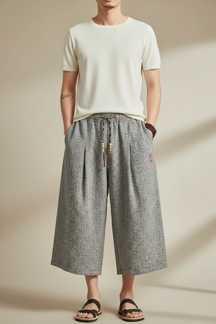 Pantalon Japonais Gris Ample Lin Décontracté Cordon