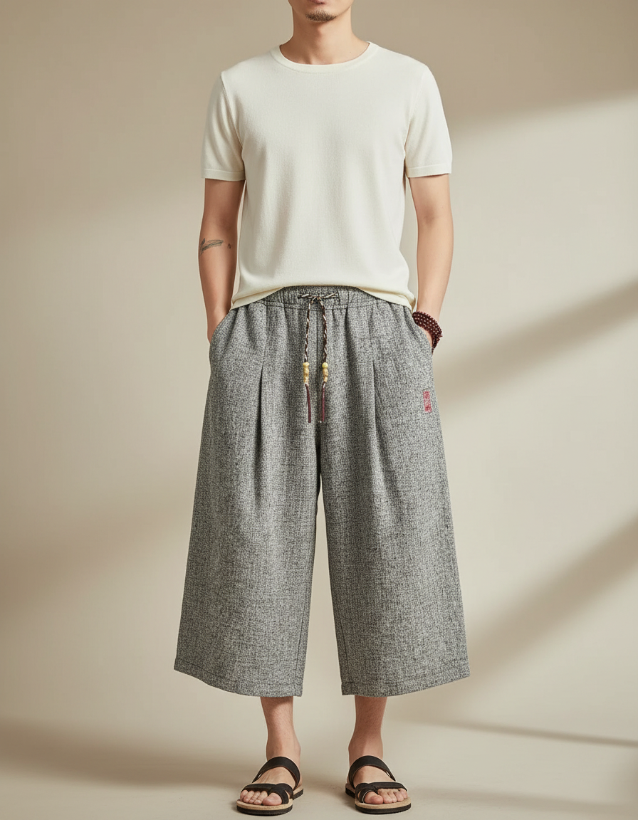 Pantalon Japonais Gris Ample Lin Décontracté Cordon