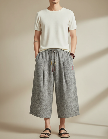 Pantalon Japonais Gris Ample Lin Décontracté Cordon