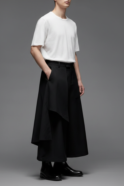 Pantalon Japonais Noir Asymétrique Ample Superposé Moderne - Polyester