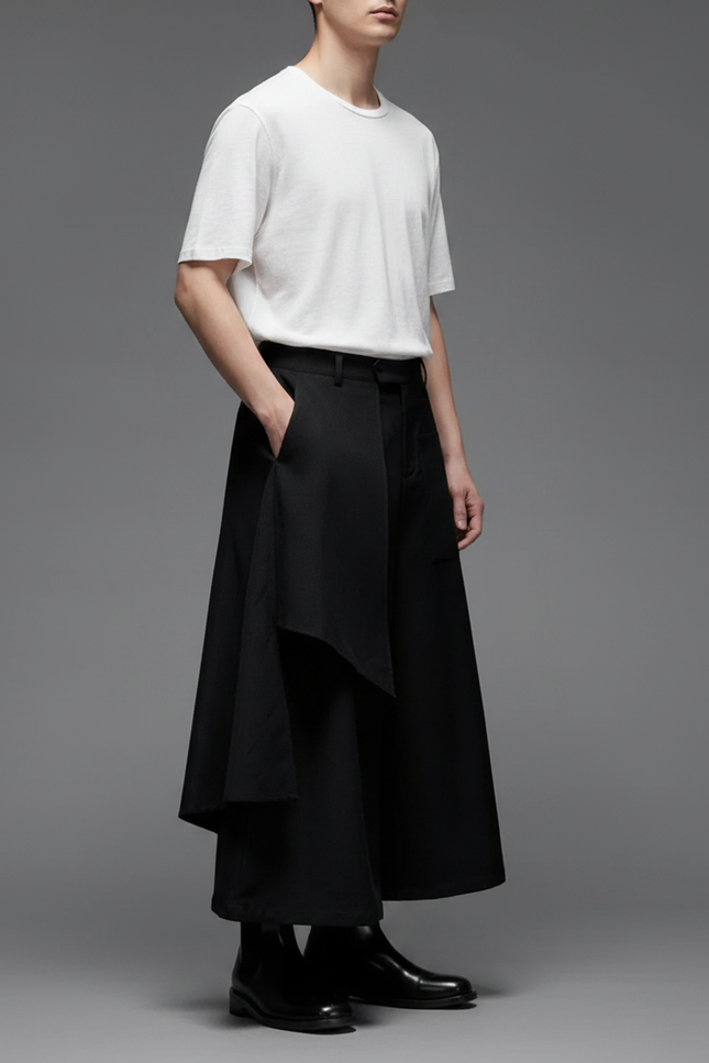 Pantalon Japonais Noir Asymétrique Ample Superposé Moderne - Polyester