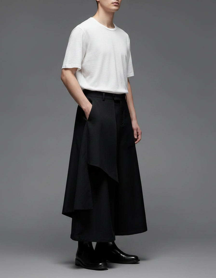 Pantalon Japonais Noir Asymétrique Ample Superposé Moderne - Polyester