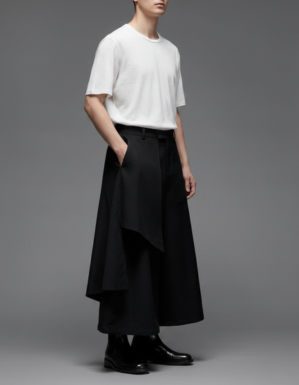 Pantalon Japonais Noir Asymétrique Ample Superposé Moderne - Polyester
