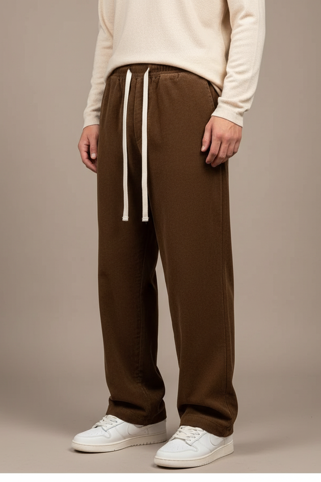 Pantalon Japonais Marron Velours Côtelé Ample Décontracté - Cordé