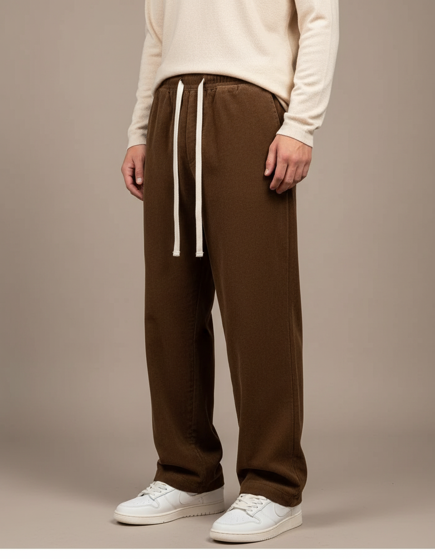 Pantalon Japonais Marron Velours Côtelé Ample Décontracté - Cordé