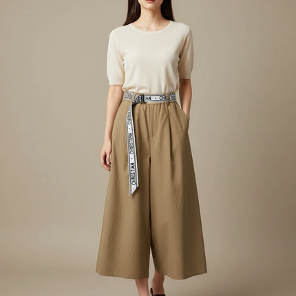 Pantalon Japonais Marron Ample Court Décontracté Ceinture - Kaki Toile