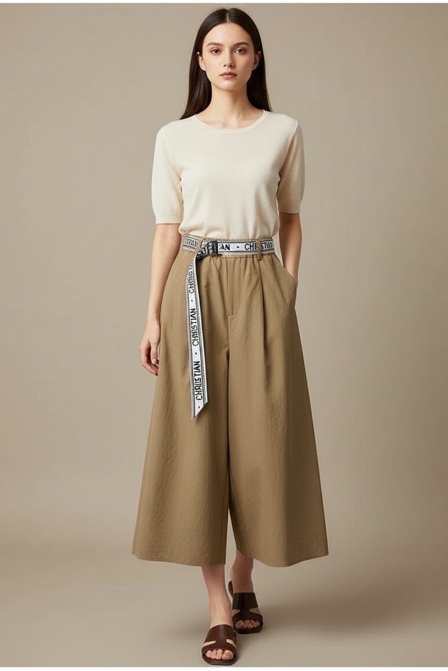 Pantalon Japonais Marron Ample Court Décontracté Ceinture - Kaki Toile