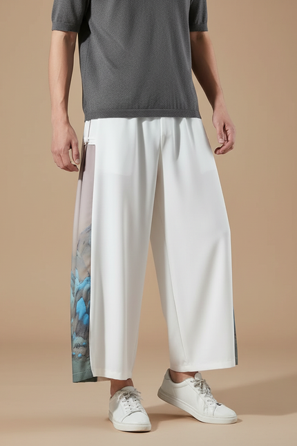 Pantalon Japonais Blanc Fluide Imprimé Floral Ample - Polyester
