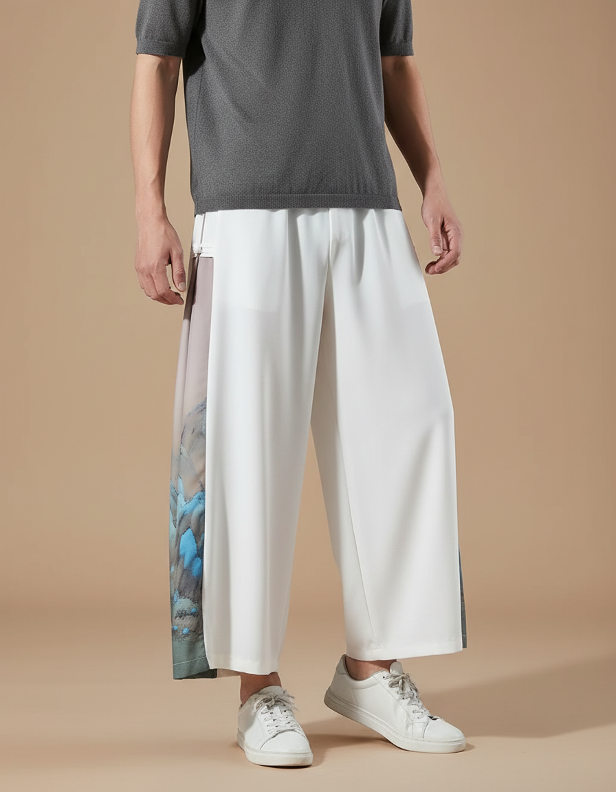 Pantalon Japonais Blanc Fluide Imprimé Floral Ample - Polyester