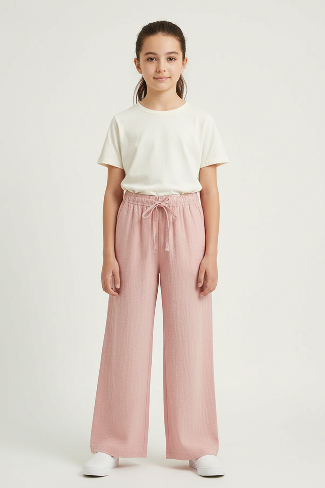 Pantalon Japonais Rose Fluide Ample Cordon Confort - Lin