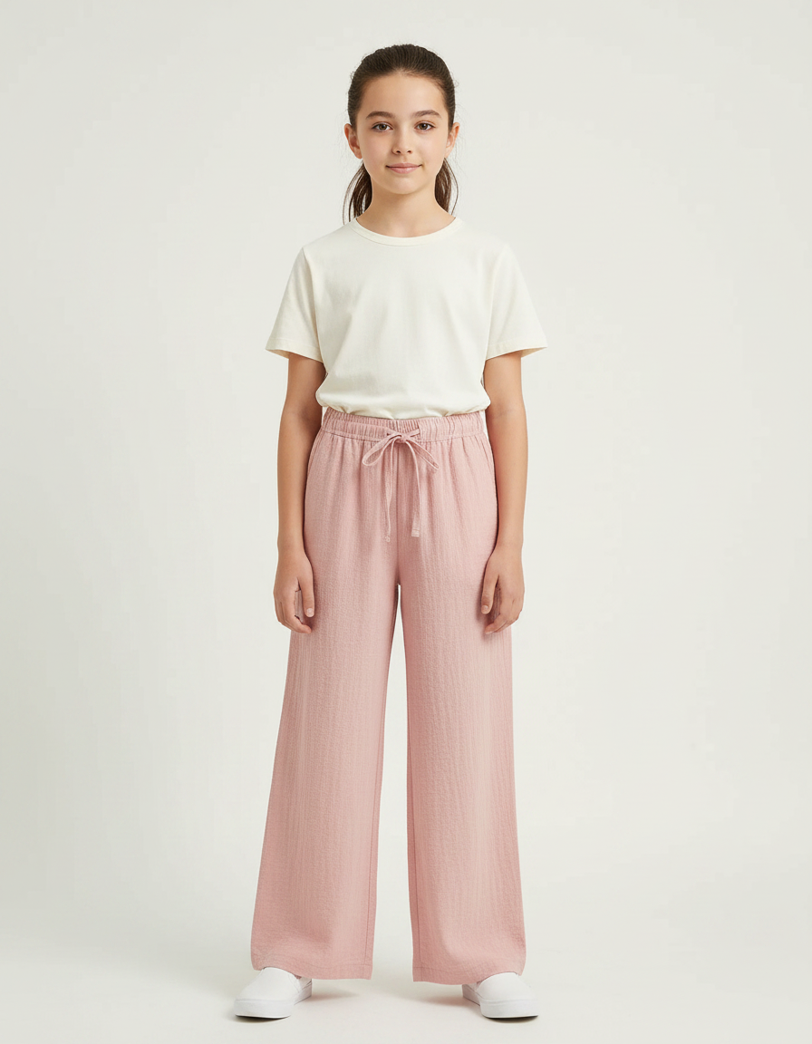 Pantalon Japonais Rose Fluide Ample Cordon Confort - Lin