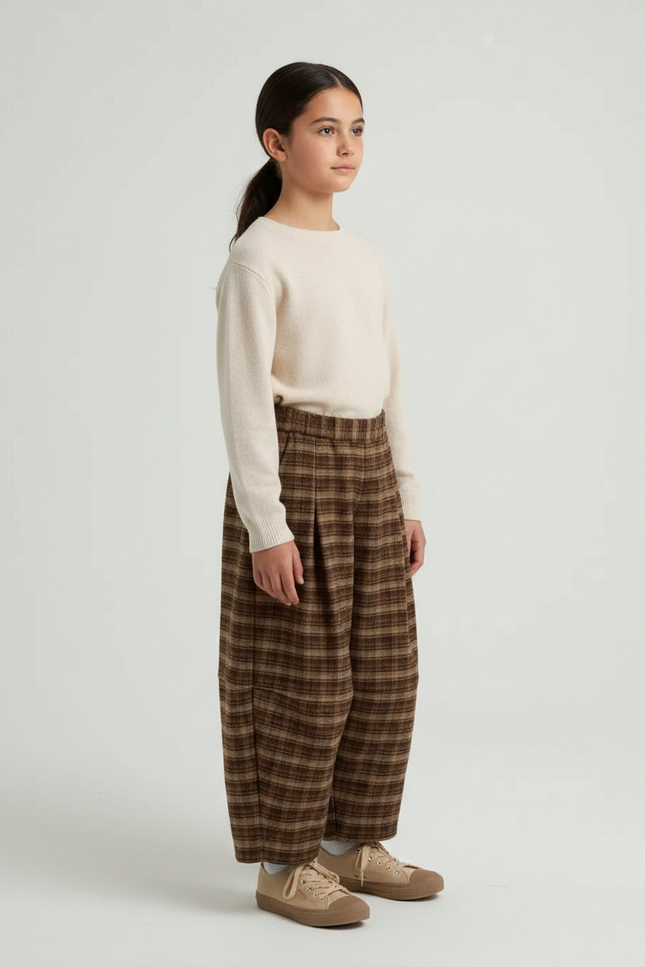 Pantalon Japonais Carreaux Marron Ample Épais Hiver Enfant - Tweed