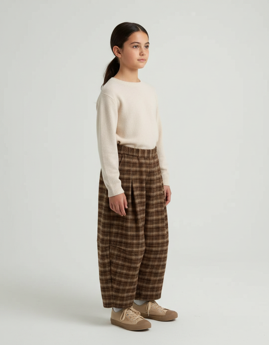 Pantalon Japonais Carreaux Marron Ample Épais Hiver Enfant - Tweed
