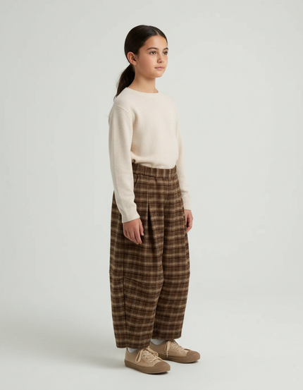Pantalon Japonais Carreaux Marron Ample Épais Hiver Enfant - Tweed