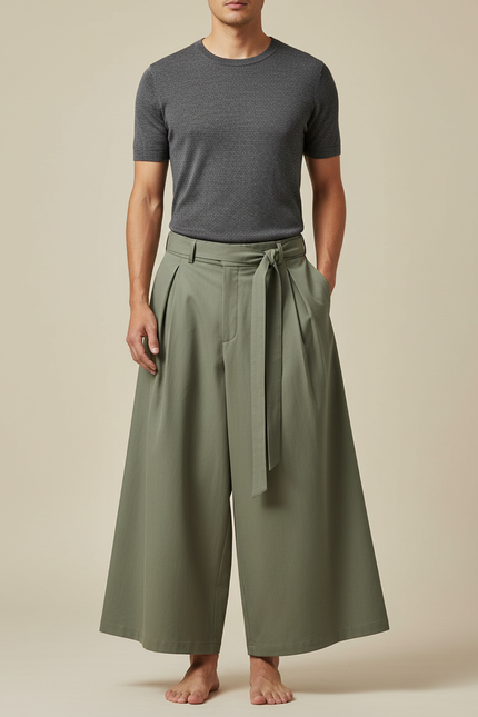 Pantalon Japonais Kaki Ample Ceinturé Fluide Coton
