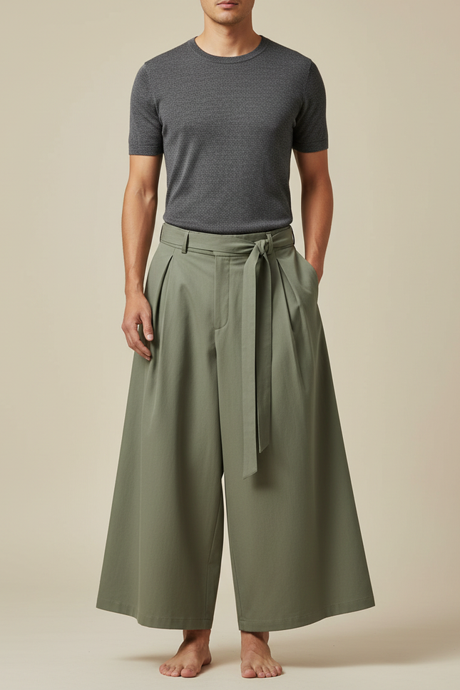 Pantalon Japonais Kaki Ample Ceinturé Fluide Coton