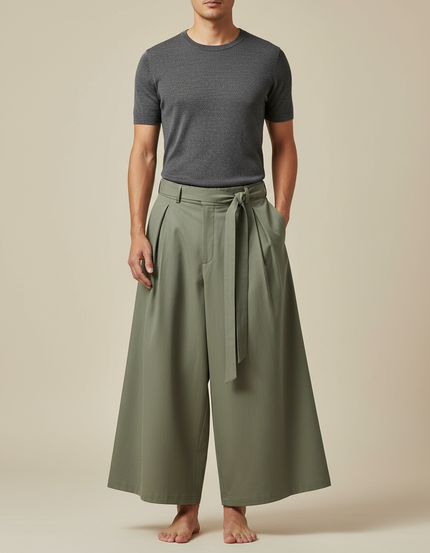 Pantalon Japonais Kaki Ample Ceinturé Fluide Coton