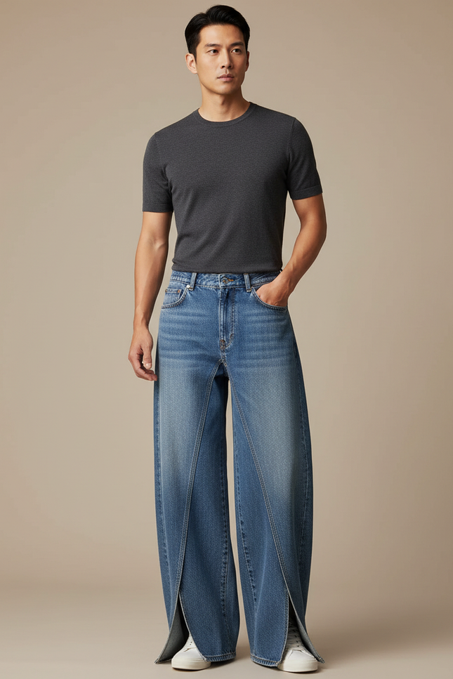 Pantalon Japonais Denim Ample Fendu Unisexe Décontracté - Bleu Jean