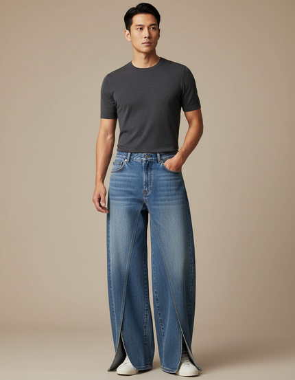 Pantalon Japonais Denim Ample Fendu Unisexe Décontracté - Bleu Jean