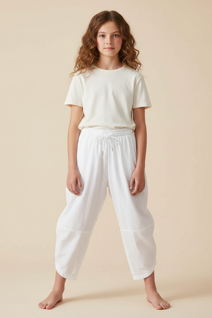 Pantalon Japonais Fille Ample Coton - Blanc Molleton