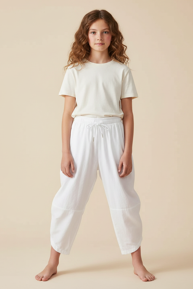 Pantalon Japonais Fille Ample Coton - Blanc Molleton