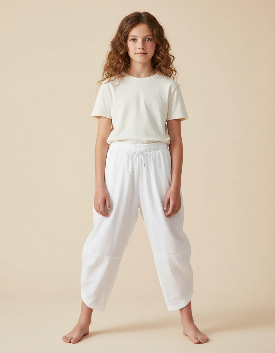 Pantalon Japonais Fille Ample Coton - Blanc Molleton