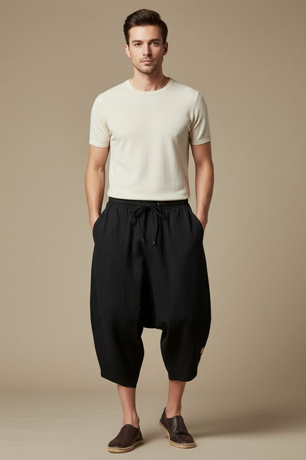Pantalon Japonais Harem Noir Coton Ample Décontracté Homme