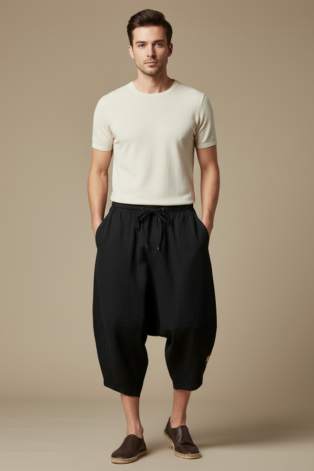 Pantalon Japonais Harem Noir Coton Ample Décontracté Homme