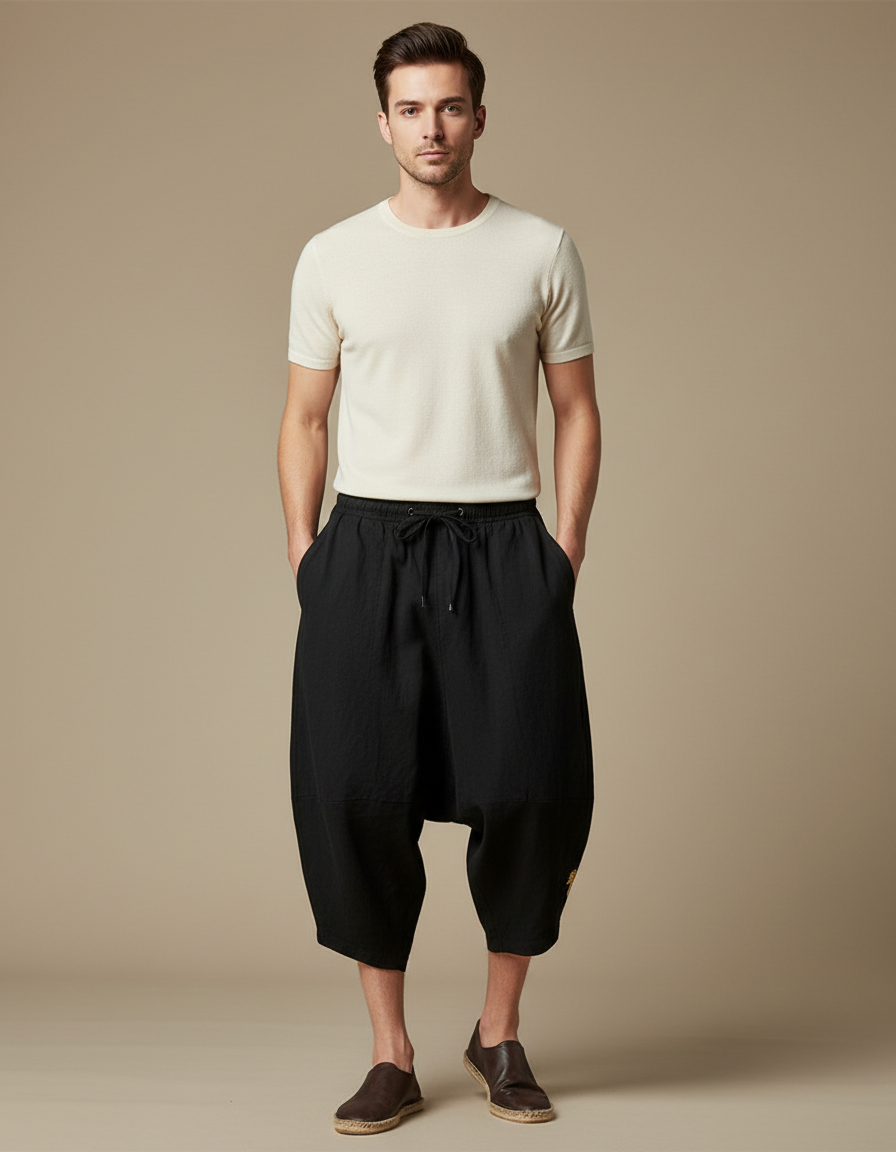 Pantalon Japonais Harem Noir Coton Ample Décontracté Homme