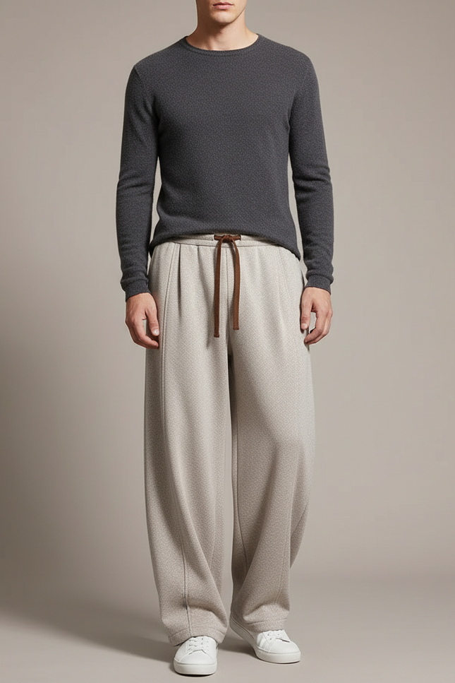 Pantalon Japonais Large Beige Laine Tricoté Décontracté Homme