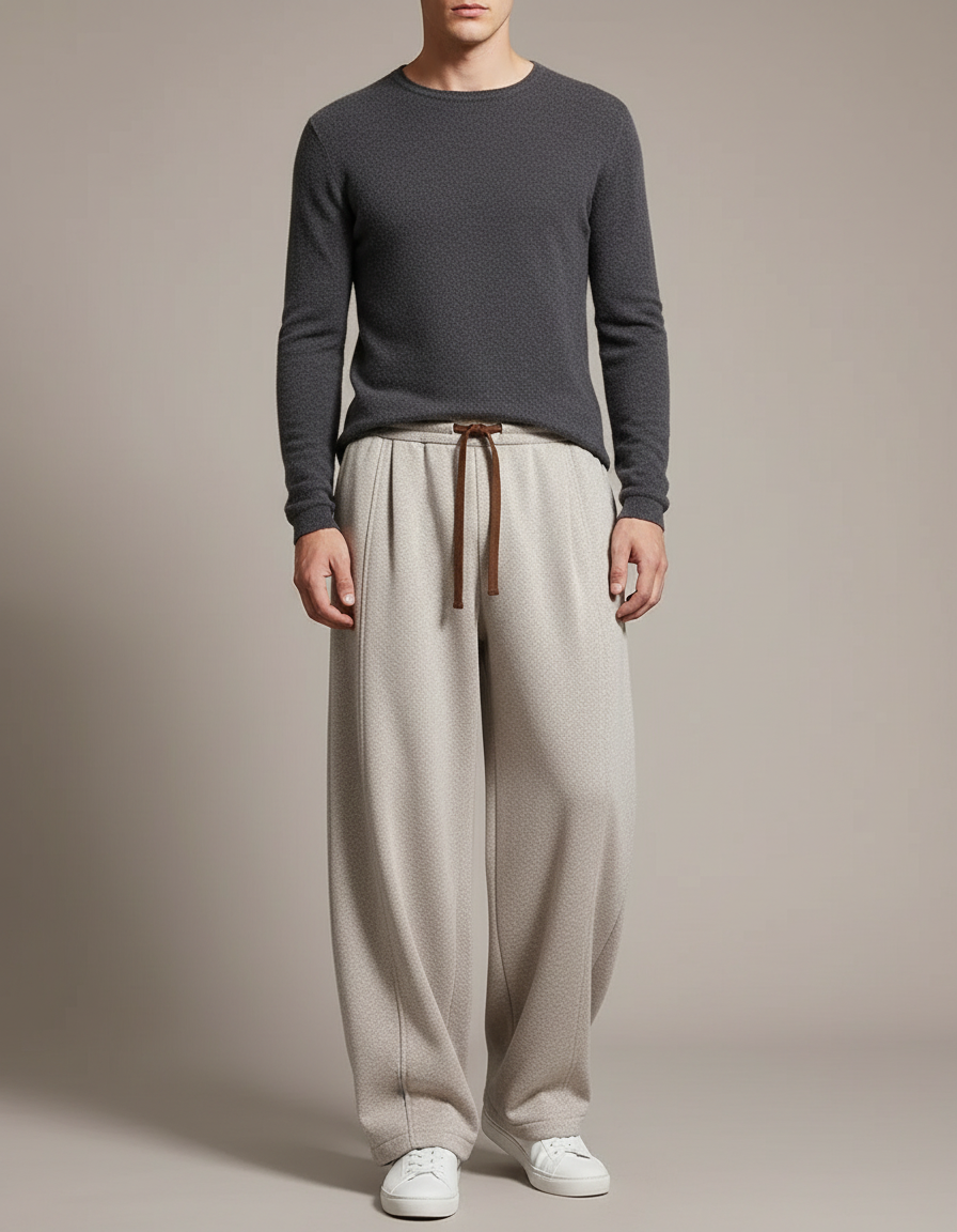 Pantalon Japonais Large Beige Laine Tricoté Décontracté Homme