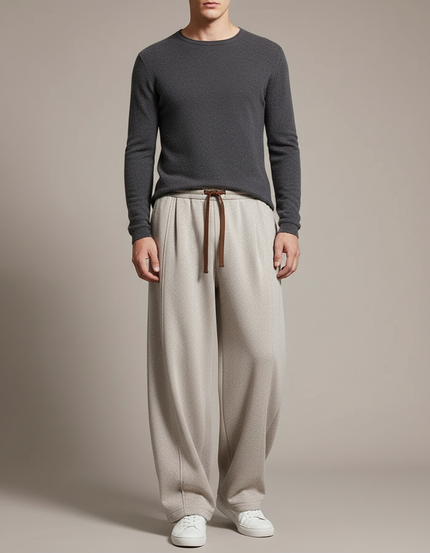 Pantalon Japonais Large Beige Laine Tricoté Décontracté Homme