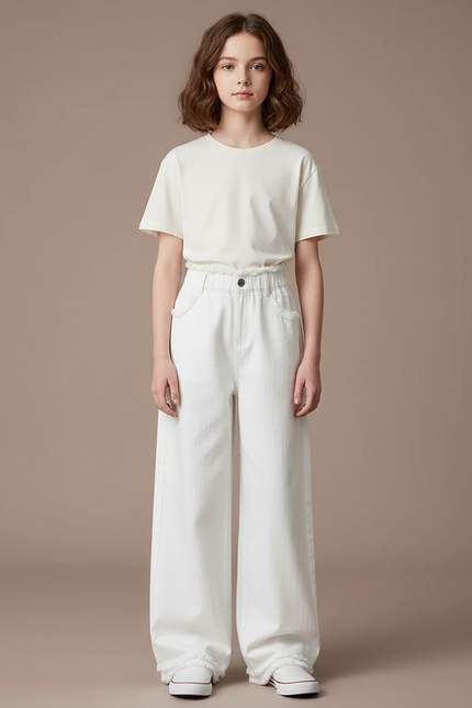 Pantalon Japonais Blanc Large Effiloché Fille Décontracté - Jean