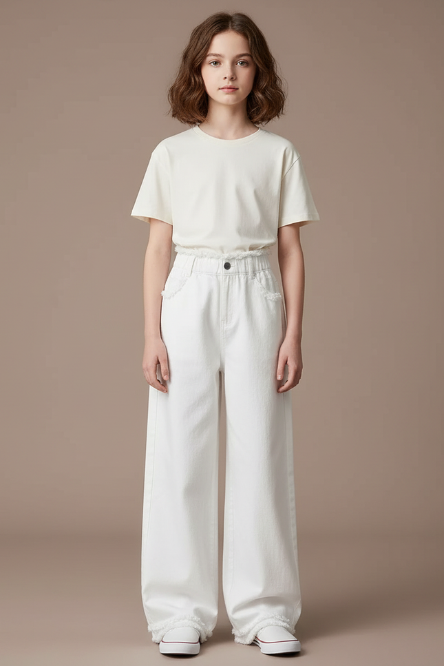 Pantalon Japonais Blanc Large Effiloché Fille Décontracté - Jean
