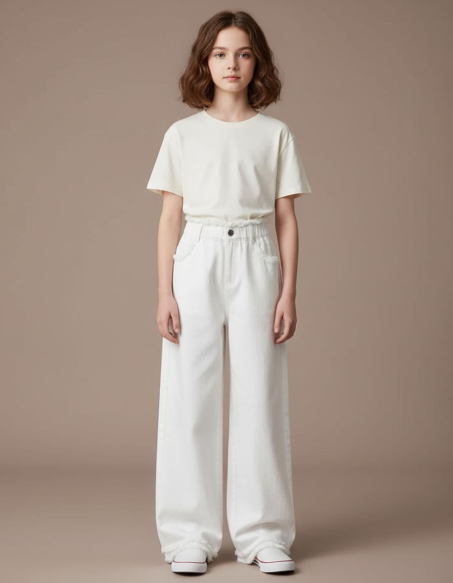Pantalon Japonais Blanc Large Effiloché Fille Décontracté - Jean