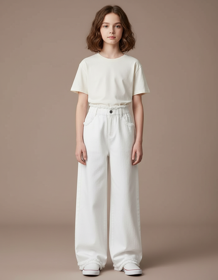 Pantalon Japonais Blanc Large Effiloché Fille Décontracté - Jean