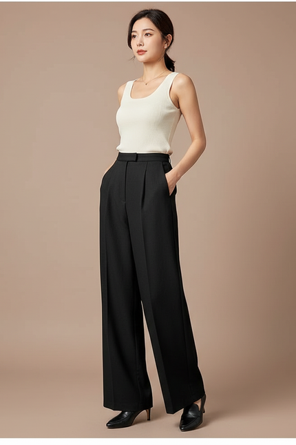 Pantalon Large Japonais Femme - Noir Gabardine