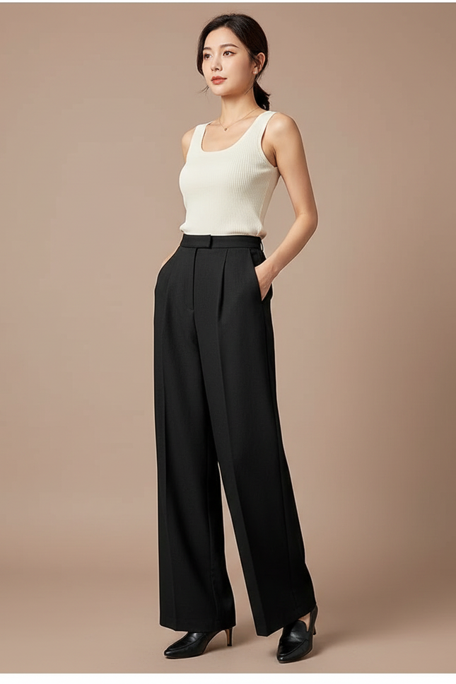 Pantalon Large Japonais Femme - Noir Gabardine
