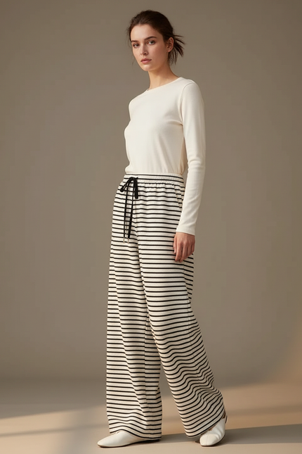 Pantalon Japonais Rayé Ample Fluide Confortable Femme - Imprimé Maille
